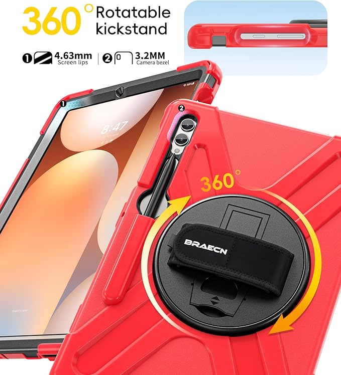 BRAECN for Samsung Galaxy Tab S10 Plus Case 2024/S9 Plus/S9 FE+/S8 Plus/S7 Plus /S7 FE 12.4 Inch,Heavy Duty Shockproof Case with S Pen Holder&360 Rotating Hand Strap/Kickstand Shoulder Strap,Red