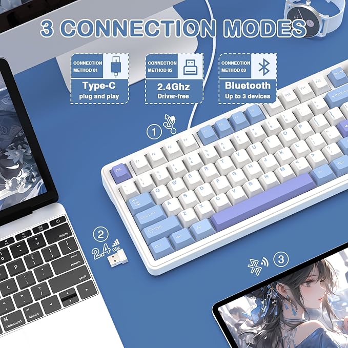 ATTACK SHARK X85 Wireless Gaming Keyboard with Knob Hot Swappable 75% Mechanical Keyboard Bluetooth/2.4GHz/USB-C PBT Keycaps Gasket RGB Coiled Cable Linear White Jade Switch Custom for Win/PC/MAC
