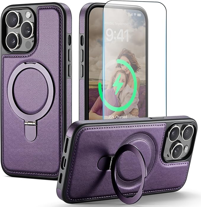 Compatible with iPhone 14 Pro Case with Stand, Compatible with MagSafe, Slim PU Leather & Durable TPU Protective Cover Drop-Proof with Tempered Glass Screen Protector 6.1", Purple