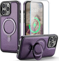 Compatible with iPhone 14 Pro Case with Stand, Compatible with MagSafe, Slim PU Leather & Durable TPU Protective Cover Drop-Proof with Tempered Glass Screen Protector 6.1", Purple