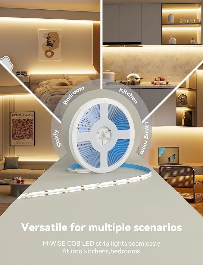 MIWISE COB LED Strip,LED Strip Light 2700K Warm White 20ft Dimmable Super Bright 24V,High Density Flexible Tape Light with RF Remote Timer Function,for Shelf/Cabinet/Bedroom/TV DIY Lighting Project