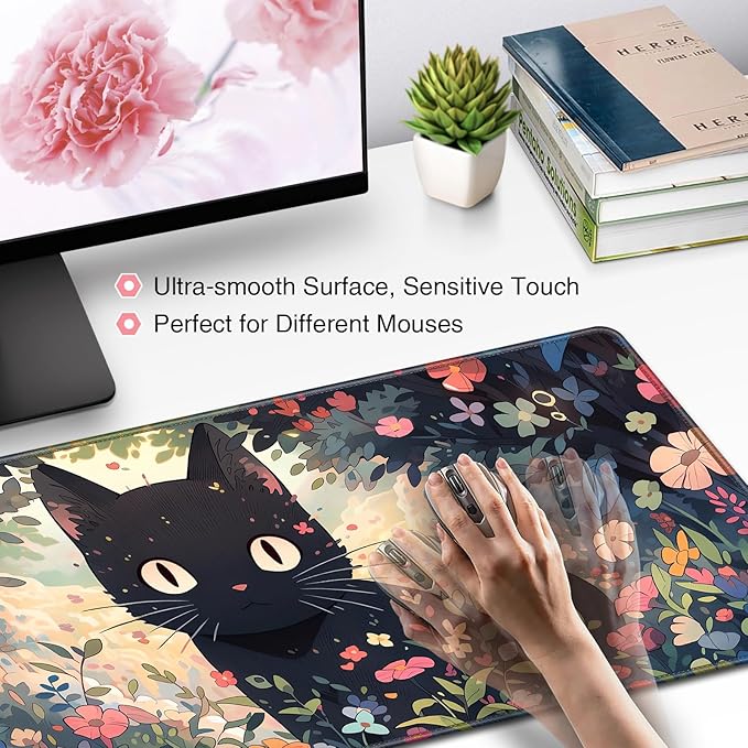 Anime Cat Mouse Pad Desk Mat, Kawaii XXL Large Gaming Mouse Pad Keyboard with Stitched Edges Non-Slip, 35.4×15.7in Mousepad Mat for Desktop Computer Laptop Office Women Decor Funny Cute