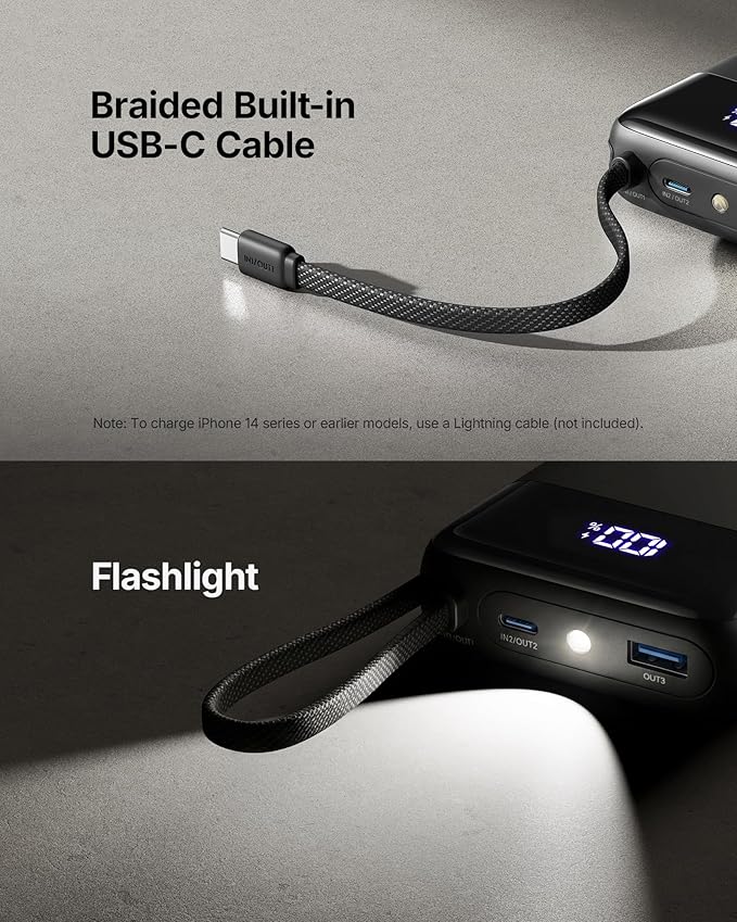 INIU 20000mAh Power Bank, Smaller 45W PD Fast Charging Portable Charger, Battery Pack with Build in USB C Cable, Travel Phone Flight-Safe Powerbank for iPhone 17 16 Samsung S26 Google iPad, Black