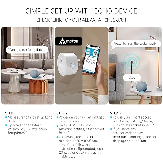Matter Smart Plug, Smart Plugs Work with Alexa 10A Smart Outlet, 100% Privacy Smart Home, Support Google Home, APP Voice Control, SmartThings, 2.4G Wi-Fi Only