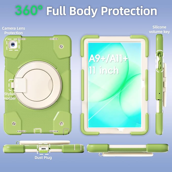 Andnary Case for Samsung Galaxy Tab A11+ Plus/A9+ 11 Inch 2025/2023, Tablet Case for Samsung Galaxy A9 Plus/A11+ with Screen Protector/360° Rotating Stand/Pen Holder/Shoulder Strap (Green)