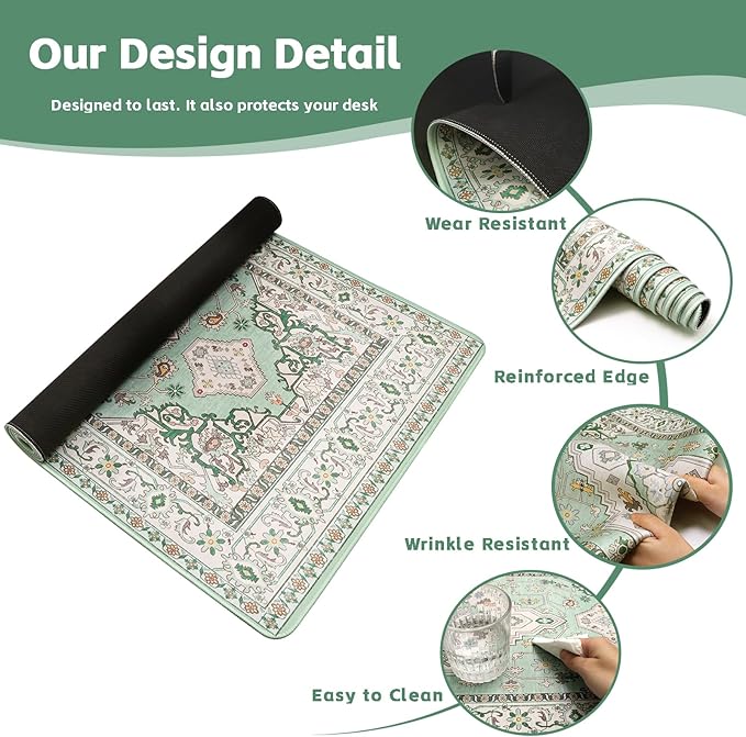 Baziabbo Green Desk Mat,XXL Extended Big Mouse Pad,Gaming Mousepad with Stitched Edge,Non-Slip Rubber Base Keyboard Desk Pad for Home Office Study Game