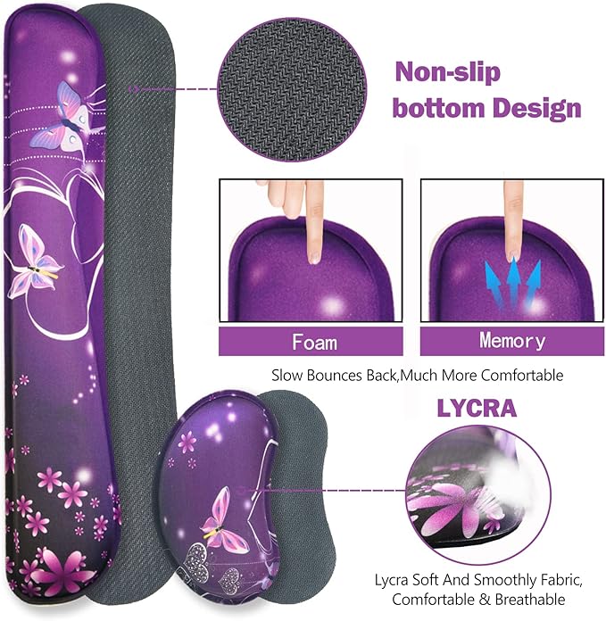 ARTSO Large Gaming Mouse Pad, Keyboard Wrist Rest Pad & Wrist Support Mousepad Set, Stitched Edge, Extended, Non-Slip Base, Memory Foam Desk Mat for Office, Home, Purple Heart Butterfly
