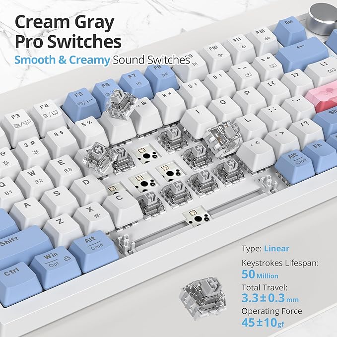 400PRO 75% Wireless Creamy Mechanical Keyboard Pink, Gasket Hot Swappable RGB Gaming Keyboard Bluetooth/2.4GHz/USB-C Cute Key Board with Pre-lubed Cream Grey Switches (82 Pink White)