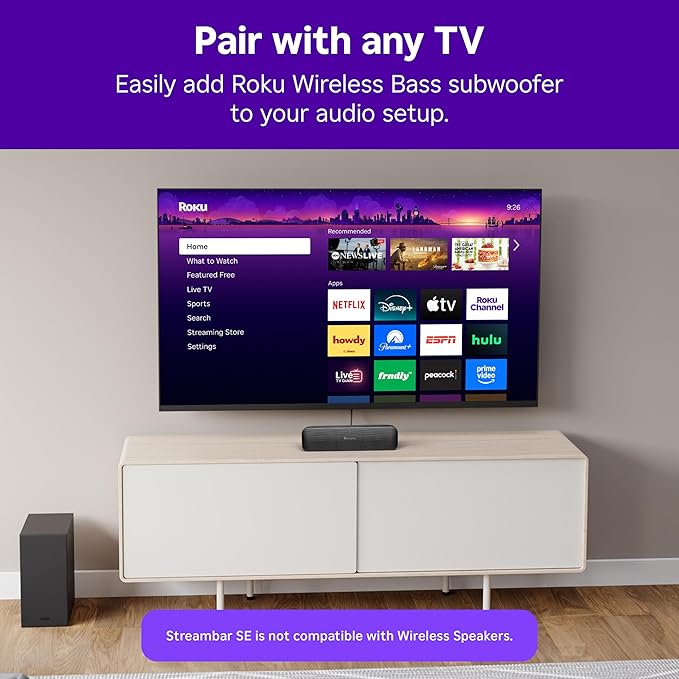 Roku Streambar SE | 2-in-1 TV Soundbar with Built-in 4K/HD/HDR Streaming, Premium Speakers, & Enhanced Speech Clarity for Crisp, Clear Dialogue - Quick Guided Simple Setup