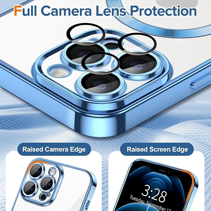 Hython Magnetic Clear for iPhone 12 Pro Max Case with Camera Lens Protector [Compatible with MagSafe] Plating Edge Slim Soft TPU Cover Protective Phone Case for iPhone 12 Pro Max 6.7", Light Blue
