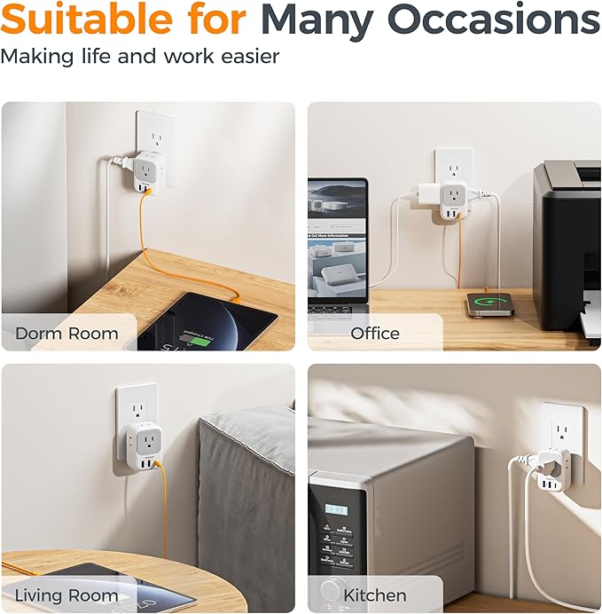 USB Wall Charger, Wall Plug Adapter Outlet Extender, TESSAN 3 Charger Block (1 USB C Port), Multi Charging Station for Cruise, Bathroom, Office, Dorm Essentials