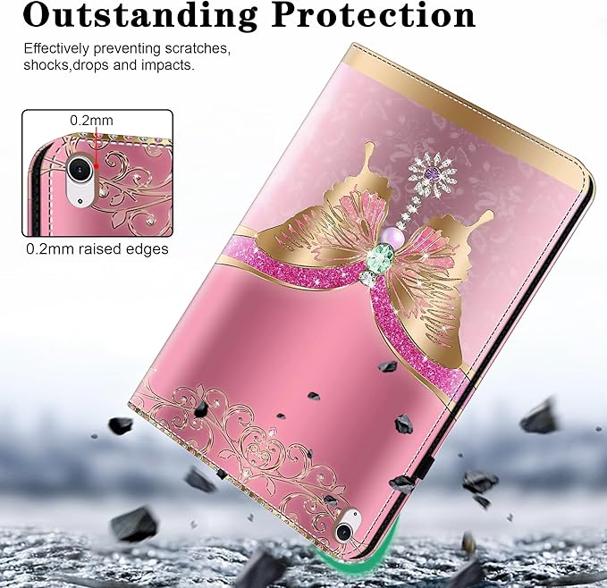 Case for iPad Air 13 inch M4 2026/M3 2025/M2 2024 with Pencil Holder & Card Slots & Auto Sleep, Embossed PU Leather Stand Magnetic Shockproof Cover Case for iPad Air 13 - Pink Butterfly
