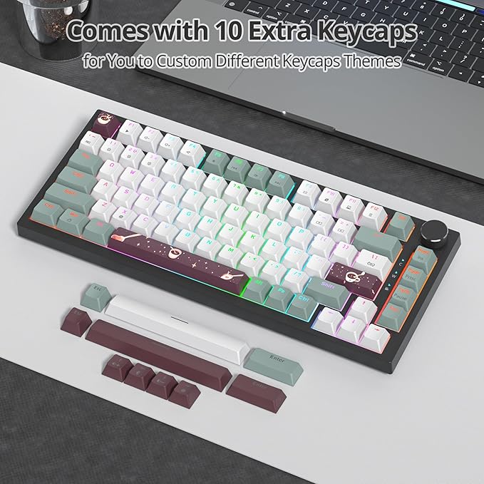 75% Green Mechanical Gaming Keyboard, Hot Swappable RGB Custom Keyboard with Knob, Gasket Mount Wired TKL Red Switch Keyboard 75 Percent, Creamy Mechanical Keyboard (82 Green White)