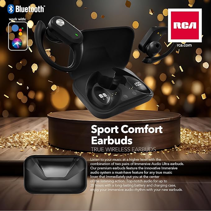 RCA Wireless Earbuds Bluetooth 5.3 Headphones Sport Sweat Resistant Sports Earphones with Earhooks,48H Playtime,Lightweight 7.8g,Fast Charging Case,Noise Cancelling Mic for Running Gym Workout-Black