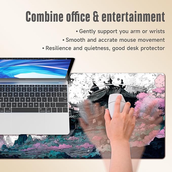 Extended Gaming Mouse Pad, Large Mouse Mat 3 mm Nature Rubber Base Mousepad with Stitched Edges, Non-Slip Desk Mat for Office Home Great Gift 31.5x11.8 Inch (Japanese Ink 1)