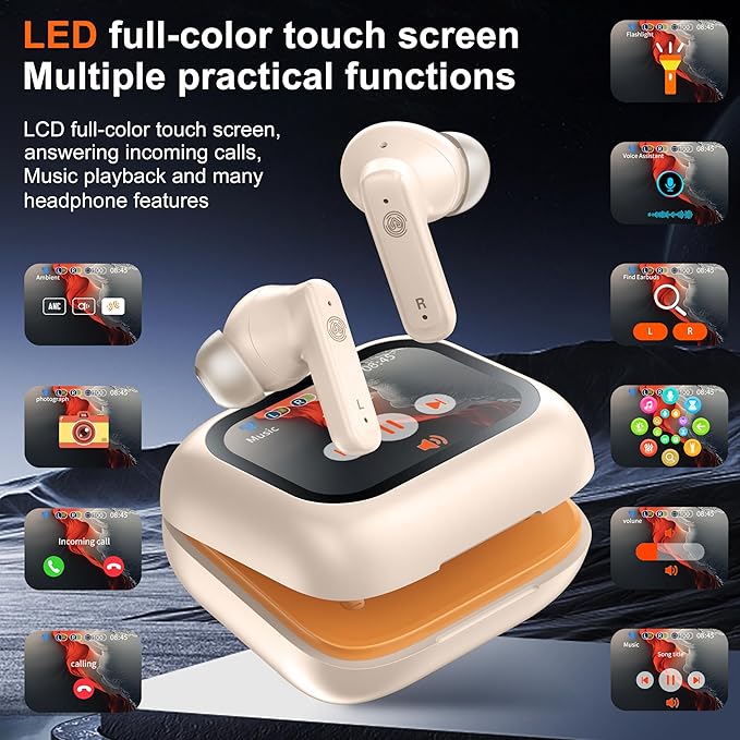 THREE PEACHES Wireless Earbuds Bluetooth 5.4 Headphones, Touch Screen, Active Noise Cancelling, USB Charging Case for iPhone/Android