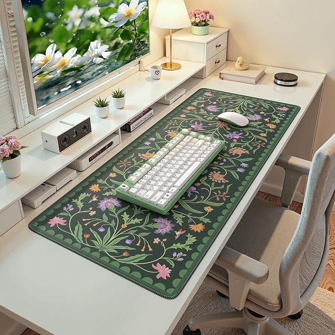 iLeadon Desk Mat for Keyboard and Mouse, Large Floral Computer Cover Mats with Smooth Lycra Surface,Full Desk Mouse Pad for Laptop,Keyboard Mat for Office,Home, Dark Green