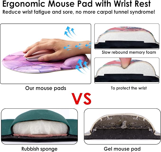 Ergonomic Mouse Pad with Wrist Support,Cute Mouse Pads with Wrist Rest,Comfortable Mouse Pad for Home Office Gaming Working Computers Laptop,Pain Relief with Non-Slip PU Base (Purple Marble)