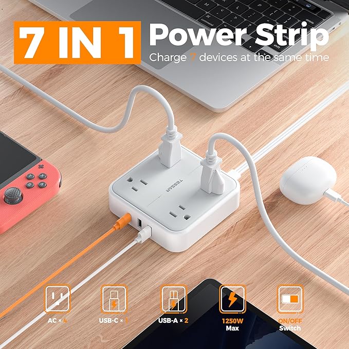 TESSAN Surge Protector Flat Extension Cord 10Ft, Ring Plug Power Strip with 4 Outlets 3 USB Ports (1 USB C), 900 Joules Protection, Multiple Wall Outlet Extender Suitable for Home Office Dorm, Grey