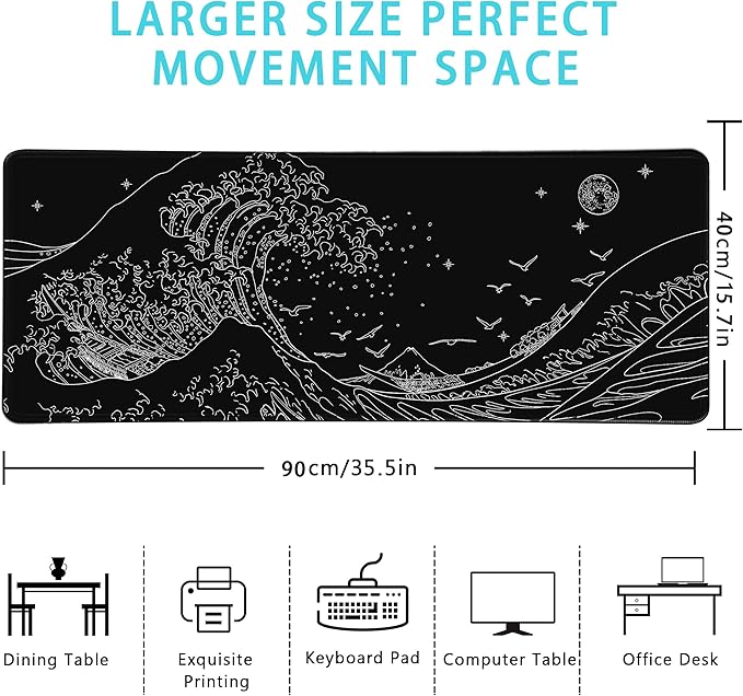 MEWOOCUE® Large Gaming Mouse Pad for Computer,Black Japanese Sea Wave Anime Mouse Mat,Long XXL Waterproof Keyboard Pads,Big Non-Slip Mouse Pads for Game Office Home（15.7 x 35.4 in）