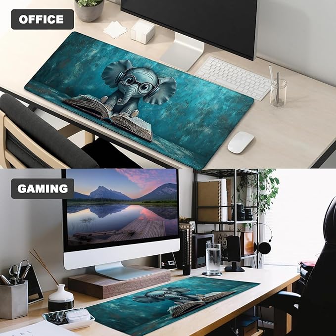 Cute Elephant Gaming Mouse Pad – 12x31.5in Large Extended Desk Mat with Reading a Book Design – Non-Slip Rubber Mousepad for Office Home – Deskmat Gifts for Library Lovers Decor