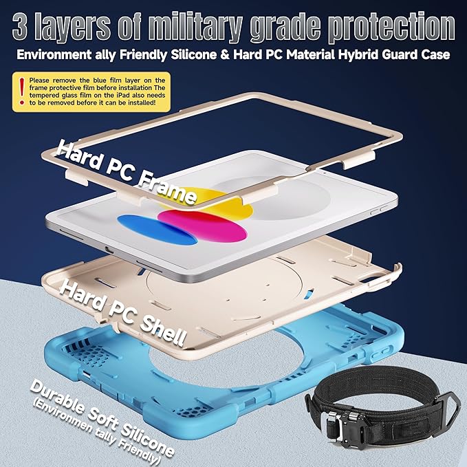 Andnary Case for iPad (A16) 11th /10th Generation 11/10.9 Inch 2025/2022 with Screen Protector/360° Rotate Stand/Shoulder Strap/Pencil Holder, Shockproof iPad 11th/10th Gen Cover (Blue+White)