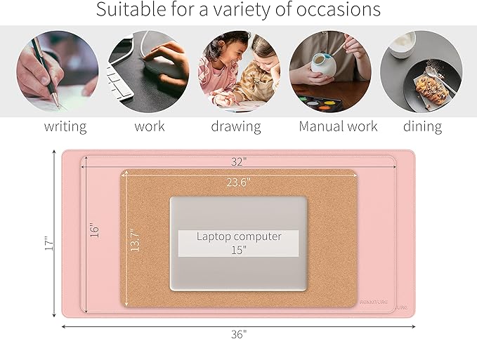RENMTURE Dual-Sided Mouse Pad, Natural Cork & PU Leather Large Desk Pad for Office and Home Work, Desk Protector Non-Slip, Waterproof, Easy Clean (Pink, 47"x17")