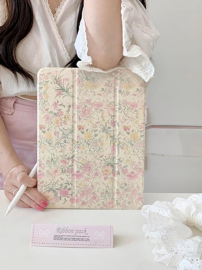 Folio Case with Kickstand Stylus Holder for Apple iPad 10th Generation 2022 10.9 Inch A2696 A2757 A2777 A3162 Pink Yellow Flowers Floral Classic Vintage Retro Pretty Chic Cute Lovely Girls Women
