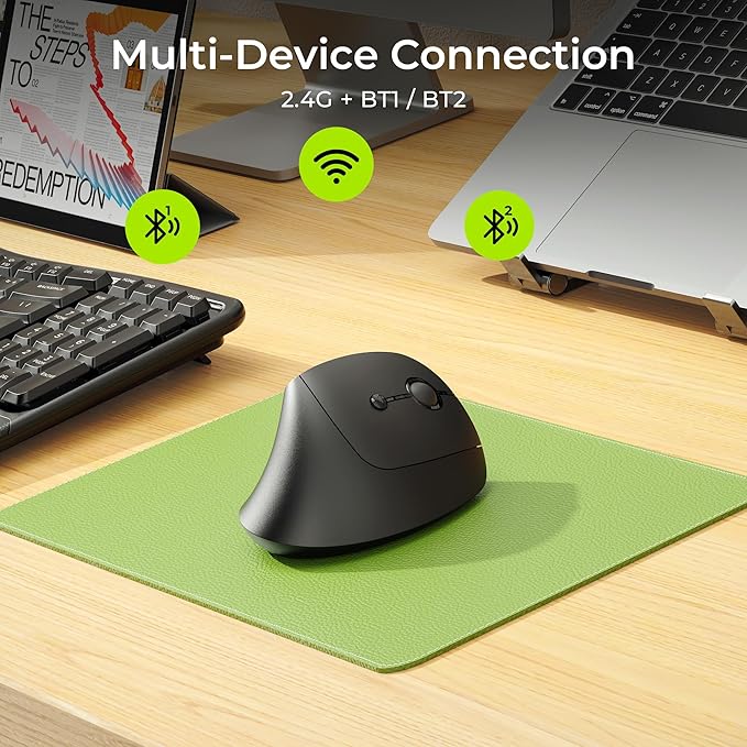 seenda Ergonomic Mouse Wireless, MOU200 Bluetooth Vertical Mouse - 3 Multi-Device Connectivity,1000/1600 /2400 DPI, Ergo Optical Mice for Windows, Mac OS, Computer/PC/Laptop, Black