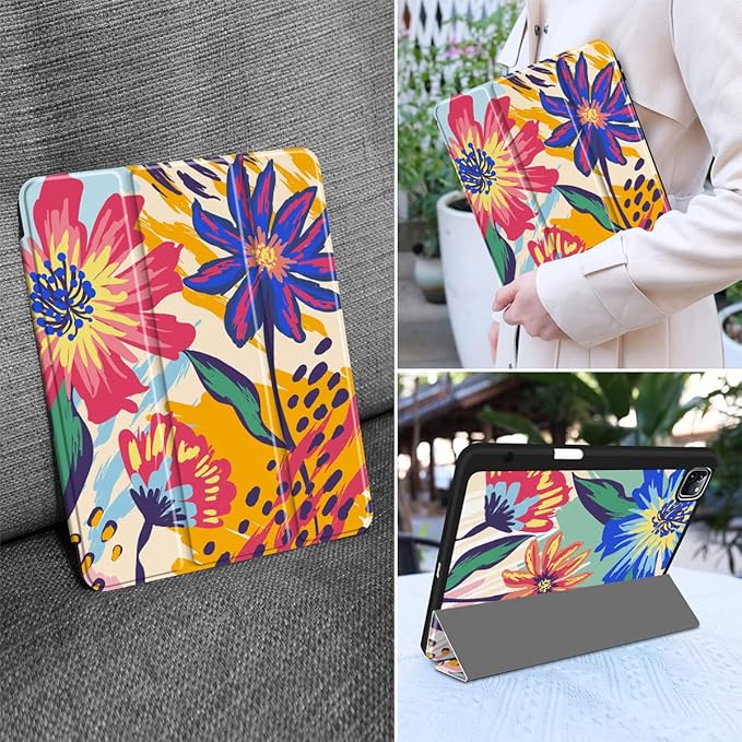 MEEgoodo for iPad Pro M2 12.9 Case 6th/5th/4th/3rd Generation 2022 2021 2020 2018 with Pencil Holder, Tablet Cover with Soft TPU Back Shell, Art Painted Flowers
