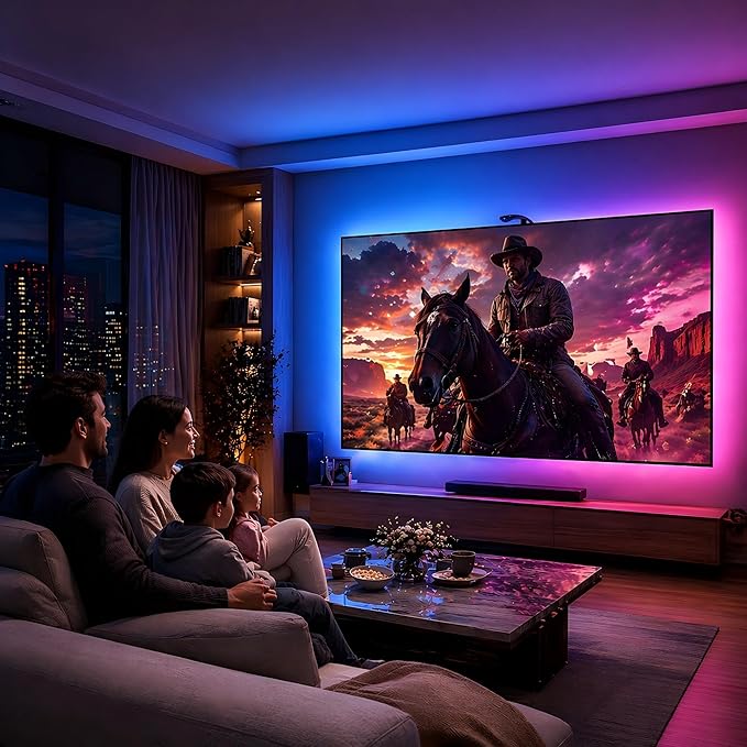 AOC TV LED Backlight, TV Lights that Change with TVs for 55-65 inch Screen, RGB Strip Lighting with Sensor, Syncs Behind the Monitor, Smart App Control, Movie Game Music & DIY Mode, 14.8FT