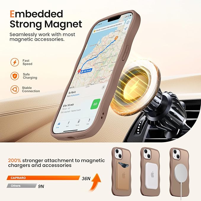 CAPRARO for iPhone 13 Case & iPhone 14 Case with 360° Spin Magnetic Stand for Women, [Compatible with MagSafe] [Camera Protection] Cute Wave Translucent Matte Case for iPhone 13/14, Brown