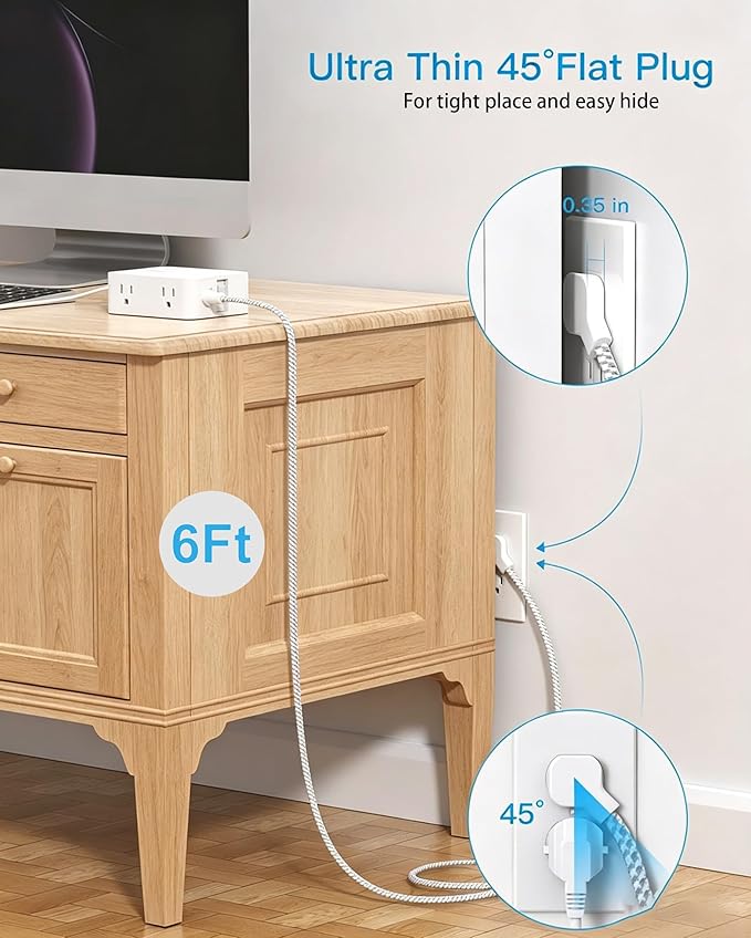 One Beat Surge Protector Power Strip, 6 Ft Ultra Thin Flat Extension Cord with 8 Outlets 4 USB Ports(2 USB C), Flat Plug Power Strip, Braided Power Strip for Home, Office, Dorm Room Essentials