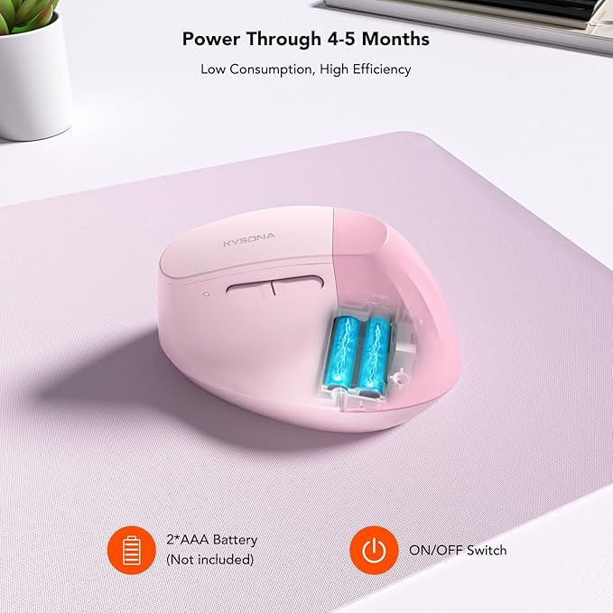 KYSONA EM18 Wireless Ergonomic Vertical Mouse, Ergo Design, Bluetooth Cordless Mouse for Medium/Large Hands, Silent Click, 5-Level Adjustable DPI, Carpal Tunnel Mice for Computer/PC/Mac/Laptop, Pink