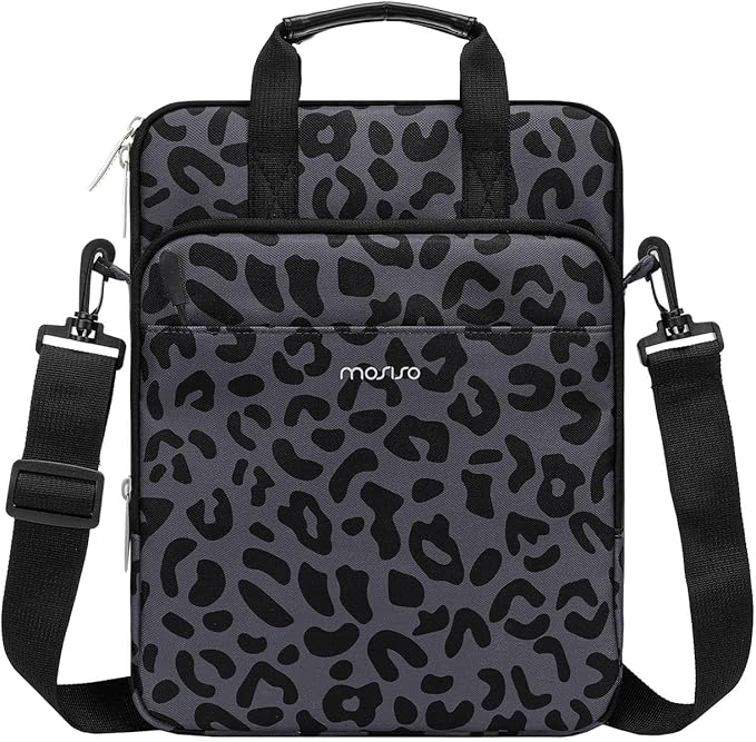 MOSISO 12.9 inch Tablet Sleeve Bag for iPad Pro 13 M4&iPad Air 13 M3 M2,iPad Pro 12.9 M2 M1 6/5th,Surface Laptop Go 12.4,Galaxy Tab S8+/S9+ 12.4, Leopard Grain Tablet Shoulder Bag with 3 Pockets,Black