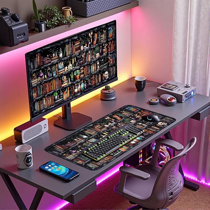 Mysterious Library Magic Desk Mat Large Gaming Mouse Pad Fantacy Bookshelf Book Witchy Decor Mousepad with Stitched Edges, Keyboard Mouse Mat for Work Game Office Home 31.5x15.7 in