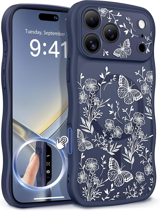 GVIEWIN for iPhone 17 Pro Case Compatible with MagSafe [Curly Wave Edge][Full Camera Protection] Floral Translucent Shockproof Magnetic Women Phone Case for iPhone 17 Pro 6.3'', Tuberose/Blue