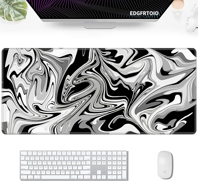 Gaming Mouse Pad, Grey Black White Big Desk Pad for Keyboard and Mouse, Extended 35.5" X 15.75" in Computer Keyboard Mouse Mat 3mm Thick XXL Rubber Mousepad for Laptop Gamer, Swirl Marble