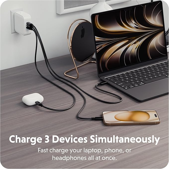 HyperJuice® 70W GaN Safety Tested Travel Charger - Tri-Port GaN Charger for iPhone, iPad, MacBook, Smartphone, & Laptop - Compact Type C Charger Fast Charging Phone Charger for 3 Devices (White)