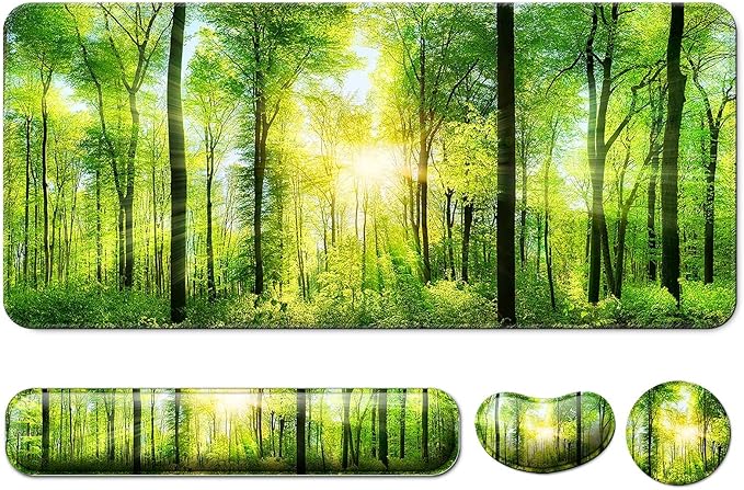 Keyboard Wrist Rest + Mouse Pad with Wrist Support + Desk Mat + Coaster 4 in 1 Set, XXL Large Gaming Mousepad Cute Ergonomic Mouse Pads for Desk Computer Laptop Office Decor-Sunlight Forest
