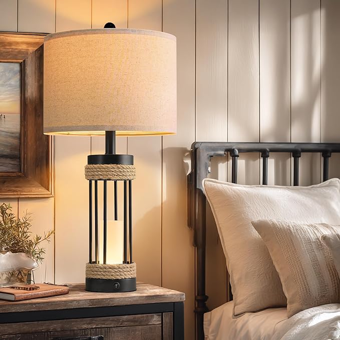 OYEARS 25" Table Lamps Set of 2 with Night Light, Rustic Bedside Lamps with USB C+A Charging Ports, Black Metal Lamp with Rope Accent and Frosted Glass, Farmhouse Lamps for Living Room Bedroom