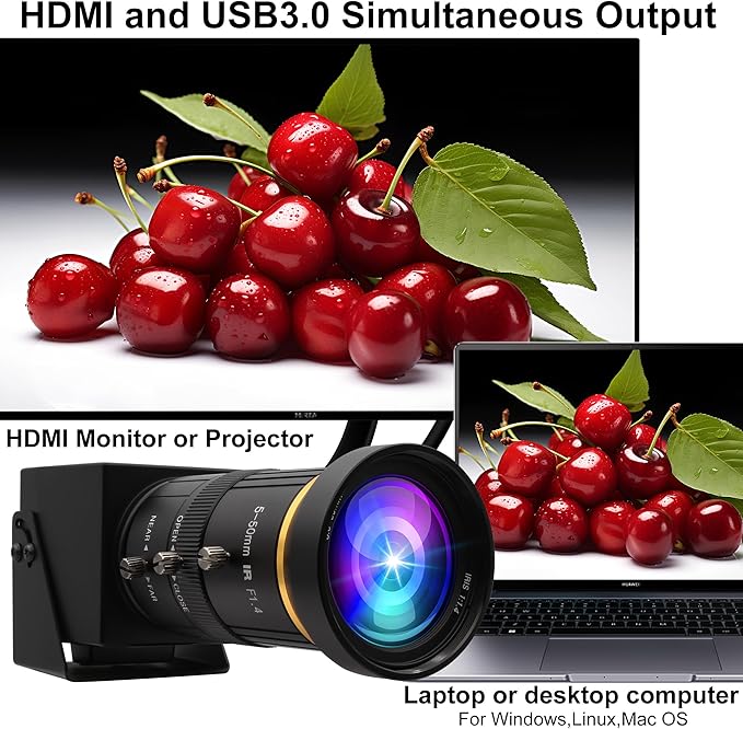 ELP 4K USB3.0 HDMI USB Camera Manual Zoom Webcam 4K 60fps PC Camera Mini Close-up Camera for Computer H.264 Telescope USB Security Camera 8mp Industrial CCTV Camera (5-50mm 10X Zoom Lens)
