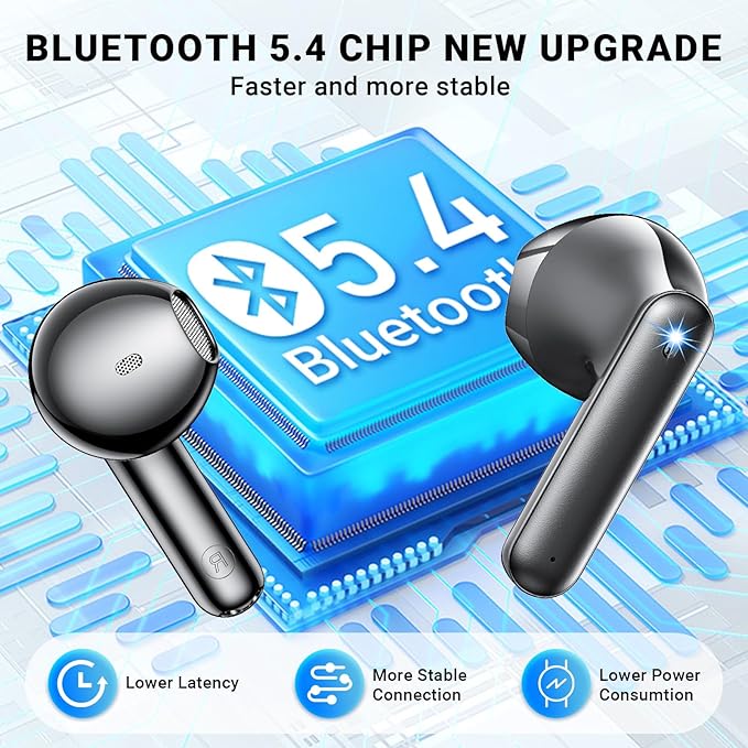 Wireless Earbuds, Bluetooth 5.4 Headphones with 42H Ultralight Ear Buds, Bluetooth Earbuds with 4 ENC Noise Cancelling Mics, HiFi Deep Bass Dual LED Display USB-C, IPX6 Waterproof Earphones Black