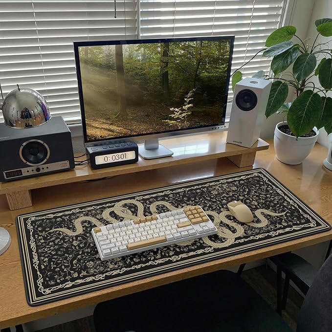 Large Desk Mat, Desk Matt for Desktop, Computer Gaming Mouse Pads, Stitched Edges Soft Mat for Desktop Office Home 35.4 x 15.7 Inches (Black Gold Snake)
