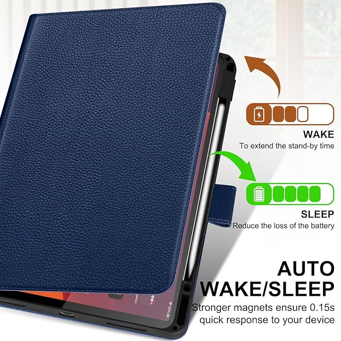 Genuine Leather Case for iPad Air 13 inch M4 2026/M3 2025/M2 2024, with Pencil Holder and Adjustable Stand, Magnetic Closure, Auto Wake/Sleep Cover | Blue