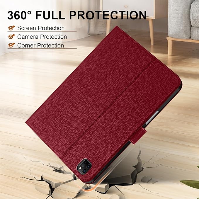 Genuine Leather Case for iPad Pro 12.9 inch 6th/5th/4th/3rd Generation 2022/2021/2020/2018 | with Pencil Holder and Adjustable Stand, Magnetic Closure, Auto Wake/Sleep Cover | Wine Red