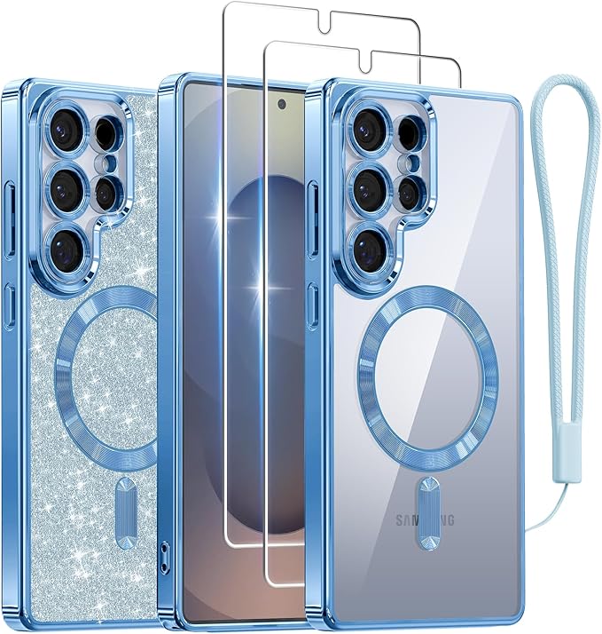 Meifigno Case Designed for Samsung Galaxy S25 Ultra 6.9 inch, [Compatible with MagSafe] [2X HD Screen Protectors] [Glitter Card & Wrist Strap] Full Lens Protection Case for Galaxy S25 Ultra, SkyBlue
