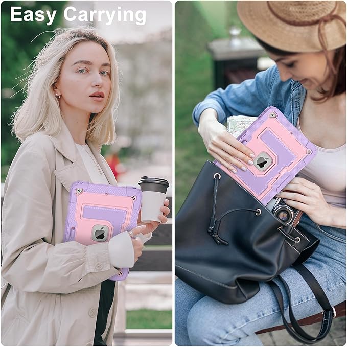 Kids Friendly Case for Apple iPad 10.2" 9th 8th 7th Generation 2021/2020/2019 Case with Pencil Holder & Shoulder Strap, Military Grade Shockproof Kickstand Hard Shell Protective Cover,Pink+Purple