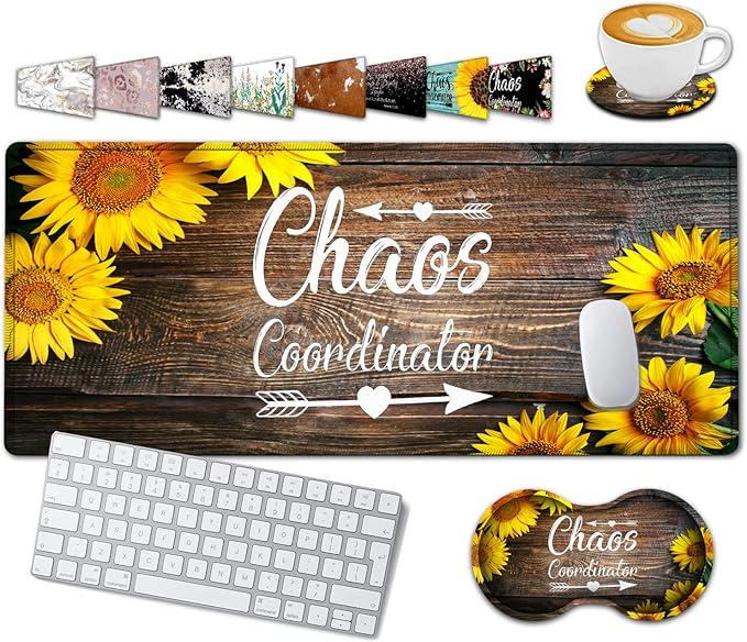 Large Gaming Mouse Pad, 31.5x11.8 in Extended Computer Mouse Mat with Non-Slip PU Base, Ergonomic Memory Foam Keyboard Wrist Rest, for Work & Gaming, Sunflower Chaos Coordinator Office Desk Pad