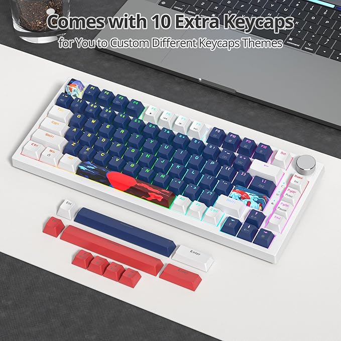 75% Mechanical Gaming Keyboard, Hot Swappable RGB Backlit Custom Keyboard with Knob, Gasket Mount USB Wired, 82 Keys White Blue Linear Red Switch (82 White Blue)